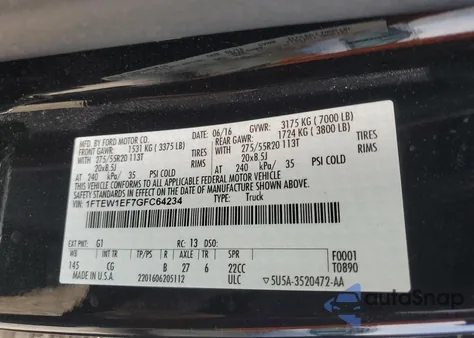 2016 Ford F150 Supercrew z USA, uszkodzony, nr VIN 1FTEW1EF7GFC64234